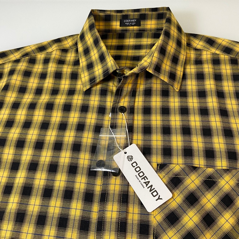 COOFANDY Mens L Yellow Black Plaid Short Sleeve Button‎ Up Shirt NEW Pocket